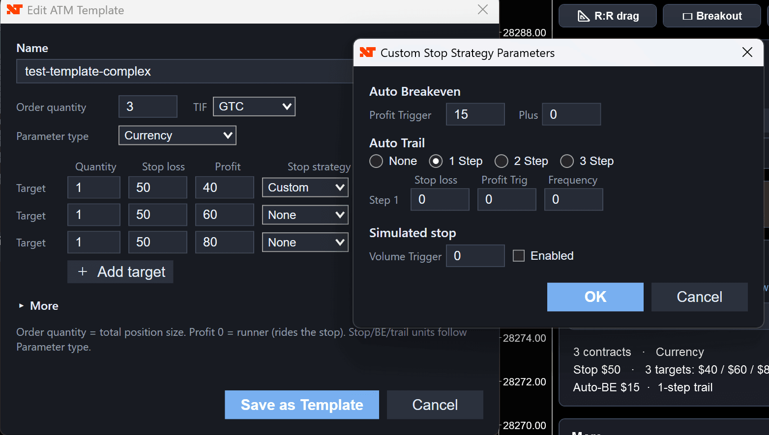 NinjaTrader Edit ATM Template dialog with three targets and per-target stop strategies, alongside the Custom Stop Strategy Parameters dialog for auto breakeven and stepped auto trail