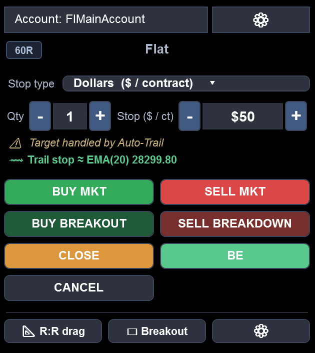 The Auto Trader panel showing account selector, stop type, quantity, live trail-stop readout, and one-click entry buttons