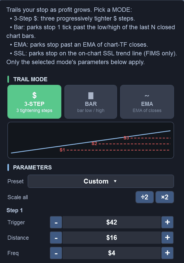 Auto-Trail mode selector showing 3-Step, Bar and EMA modes with trigger, distance and frequency parameters and a step diagram