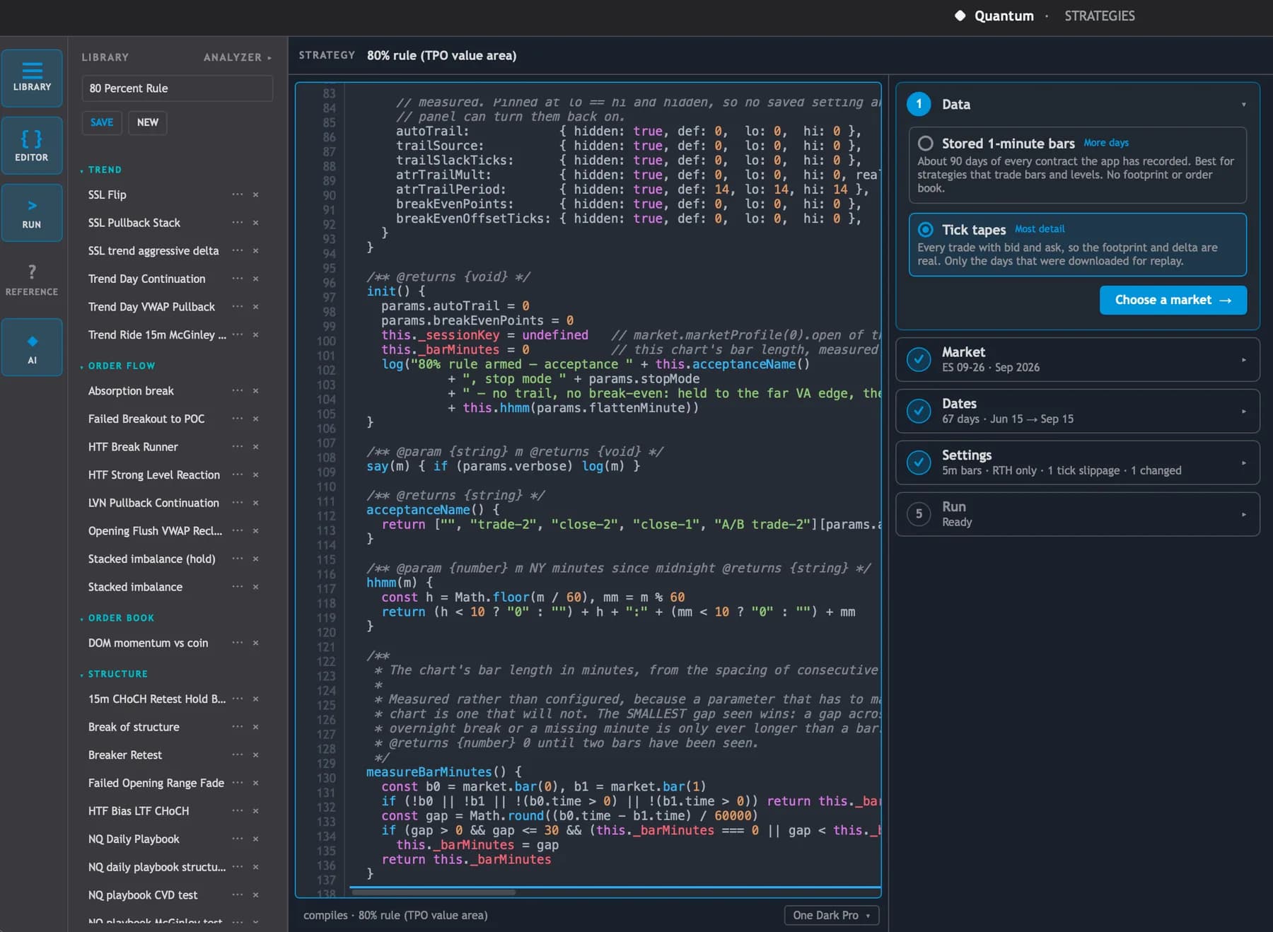 Quantum's Strategies window — a strategy library, a code editor and the backtest setup steps